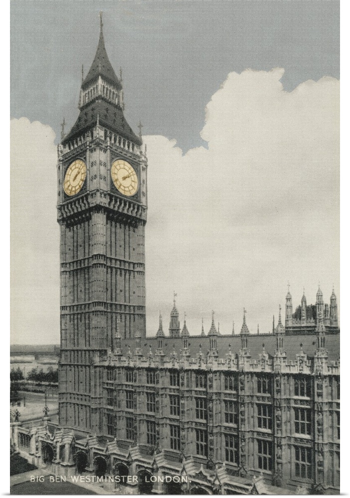 Vintage postcard of Big Ben and Parliament in London, England.