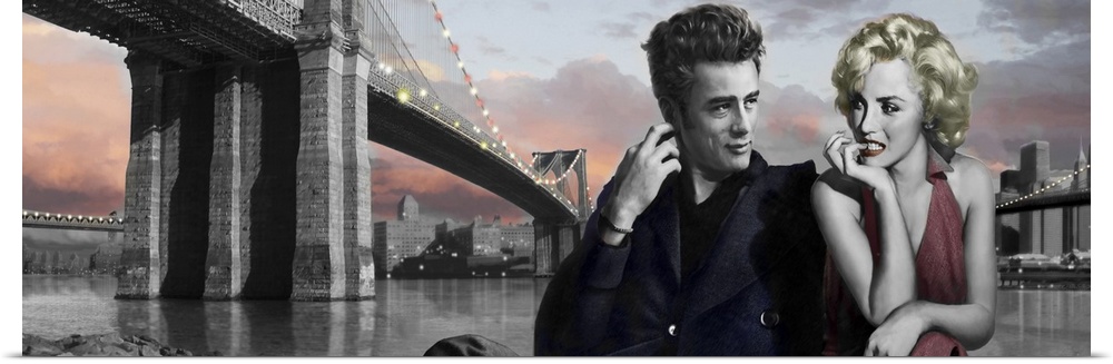 Painting of Marilyn Monroe and James Dean together near the Brooklyn Bridge.