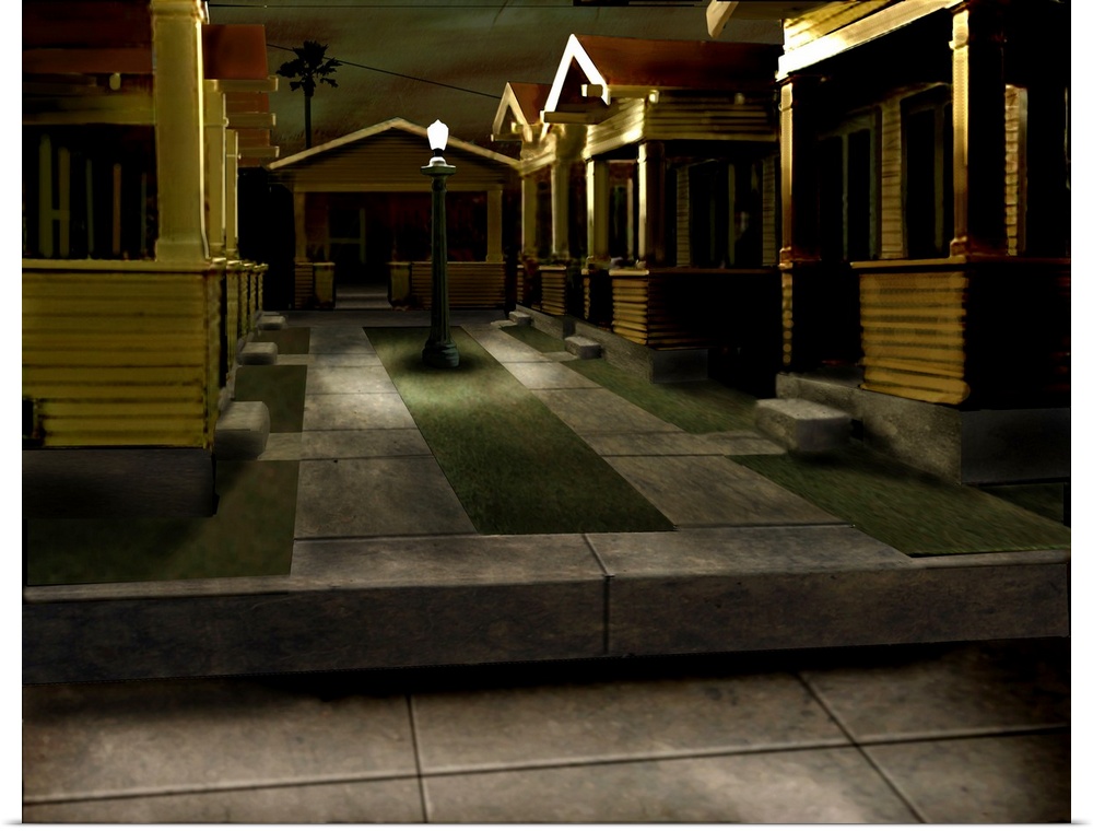 Digital art painting of compact houses with one street lamp to illuminate sidewalk.
