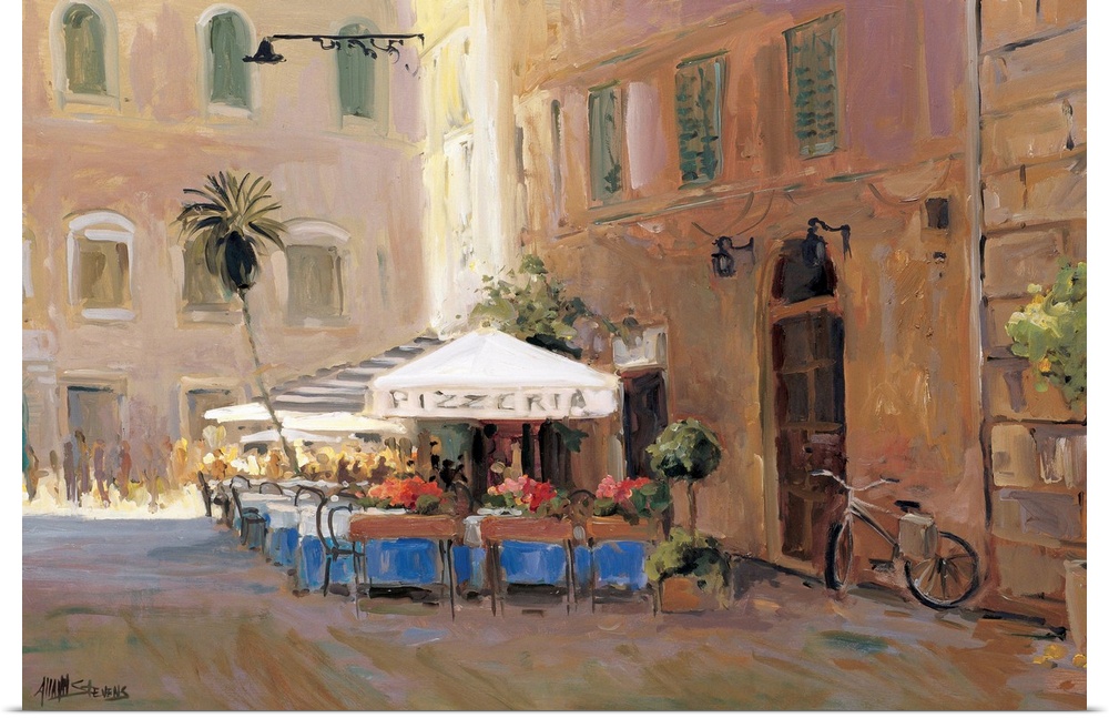 Fine art oil painting landscape of a sunlit outdoor cafe and pizzeria in Rome, Italy by Allayn Stevens.