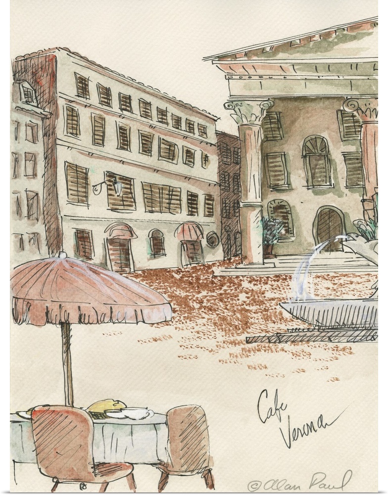 Watercolor painting with pen and ink details of a cafe table for two in Verona with an umbrella by Alan Paul.