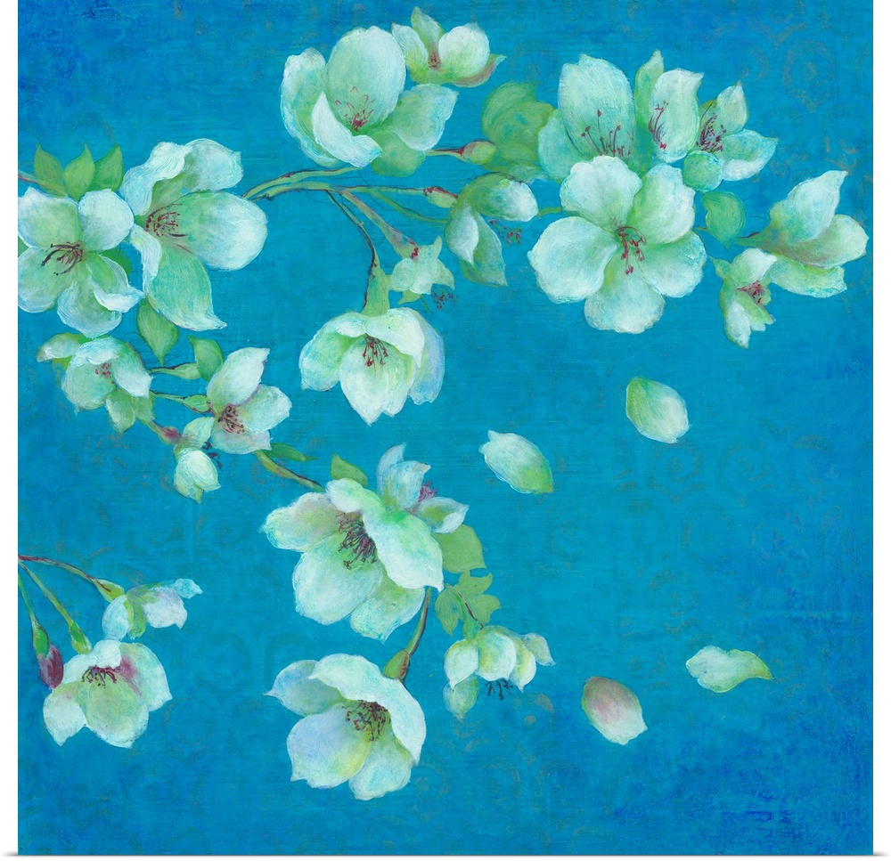 Contemporary artwork of cherry blossoms against a teal blue background.