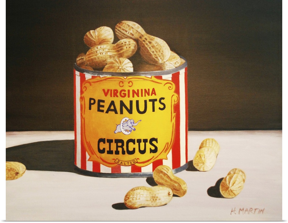 Fine art oil painting of circus peanuts in a tin can sitting atop a table in this beautiful still life by Heidi Martin.