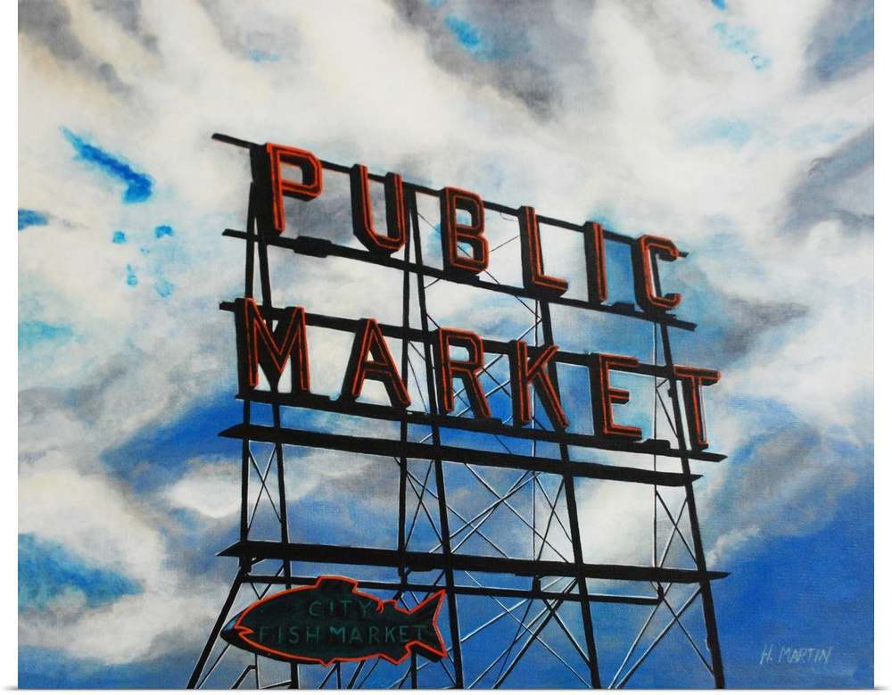 Fine art oil painting of the Public Market, City Fish Market sign in Seattle, Washington by Heidi Martin.