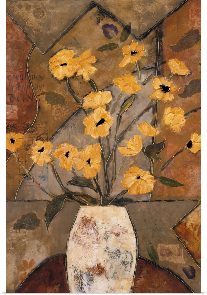 Contemporary painting of a bouquet of golden yellow flowers over a mosaic inspired background.