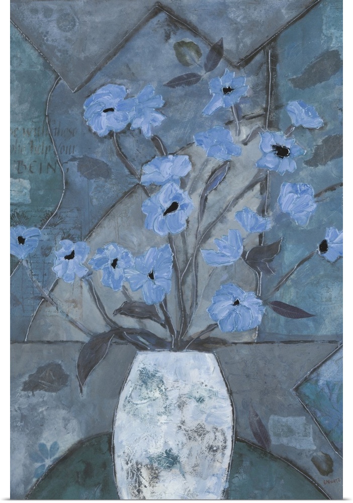 Contemporary painting of a bouquet of light blue flowers over a mosaic inspired background.