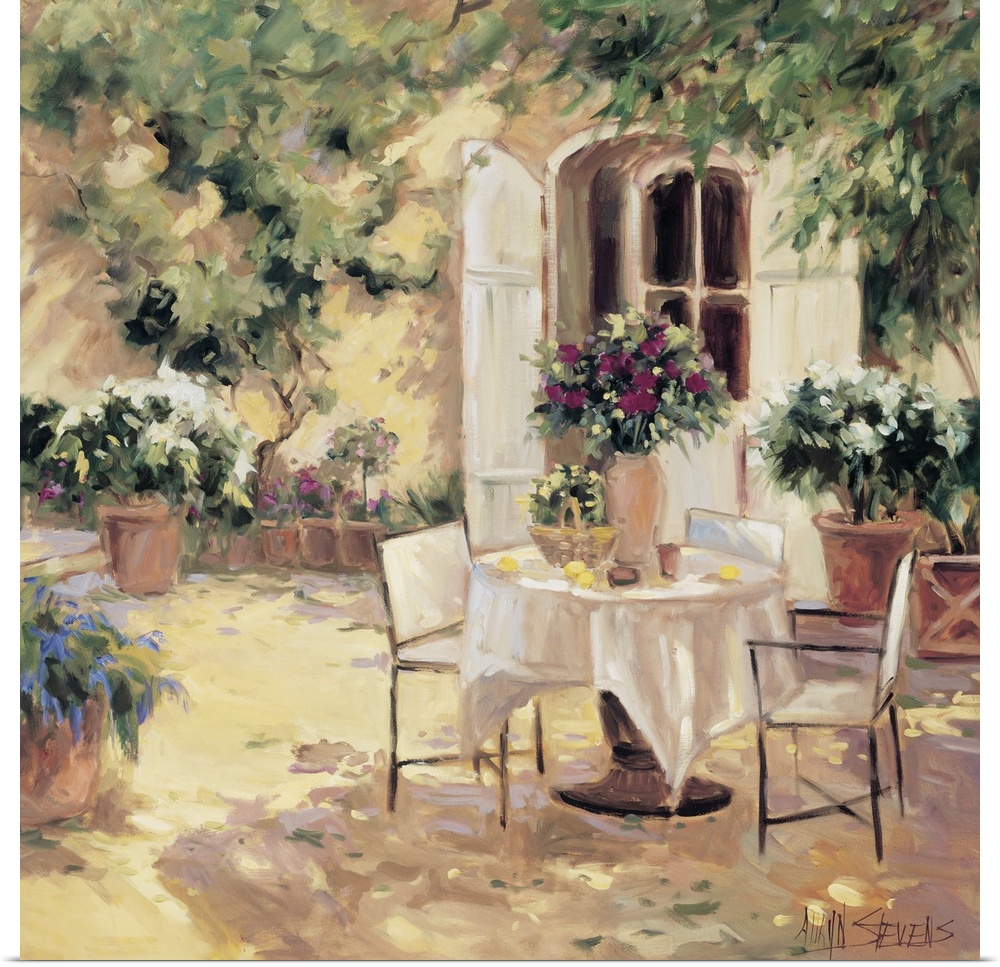 Fine art oil painting landscape of a country villa terrace with flowering plants and a table for two by Allayn Stevens.