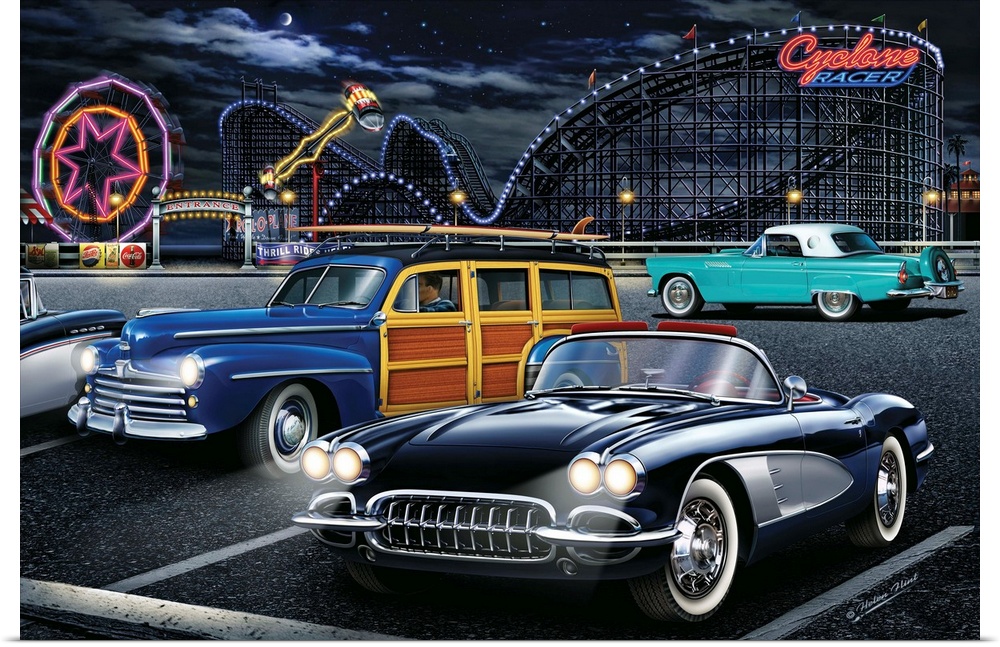 Digital art painting of the Cyclone Racer roller coaster in Long Beach, California with classic cars by Helen Flint.