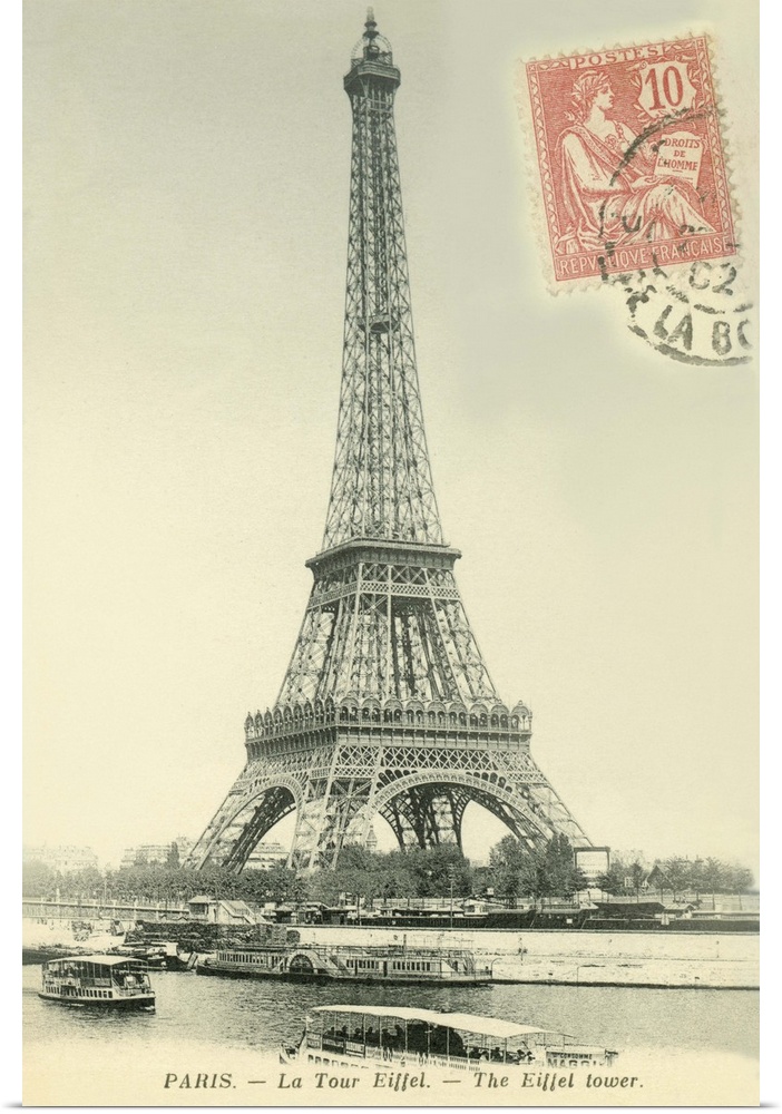 Vintage postcard of the Eiffel Tower in Paris, France, with a postage stamp on the front.