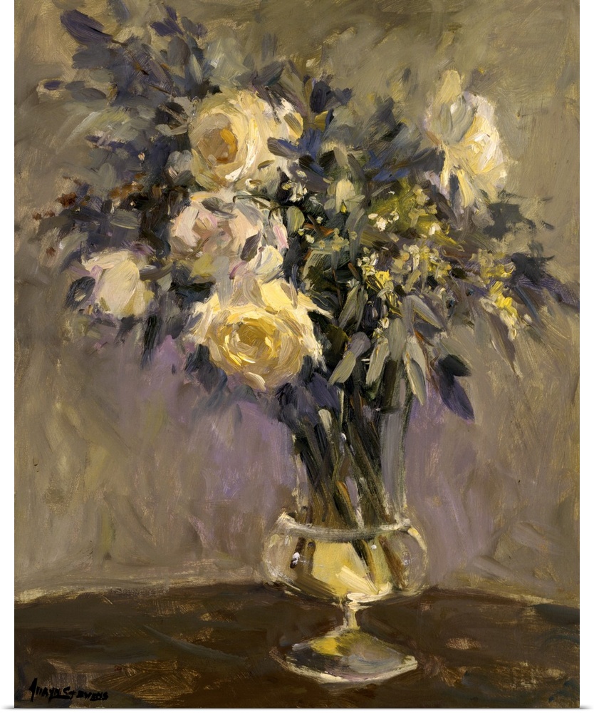 Fine art oil painting still life of yellow roses and lavender flowers in a clear glass vase on a table by Allayn Stevens.