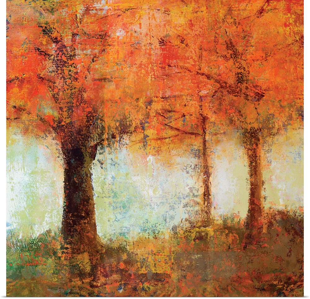 Contemporary artwork of brightly colored fall trees against a soft pale green sky.