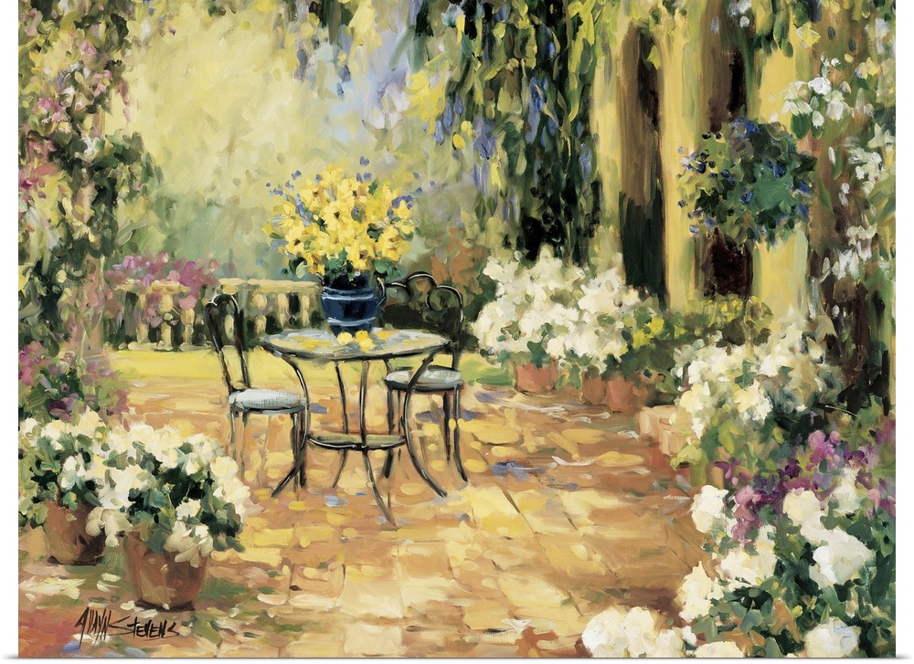 Fine art oil painting landscape of a floral courtyard with flowering plants and a table for two by Allayn Stevens.