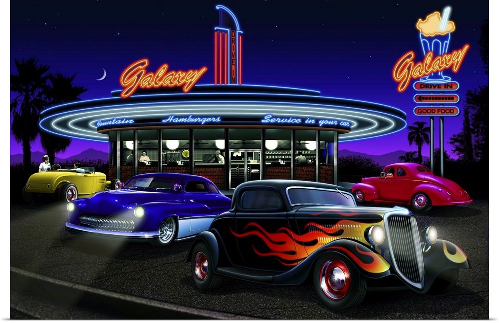 Digital art painting of the Galaxy Drive-In restaurant with four hot rod cars outside by Helen Flint.
