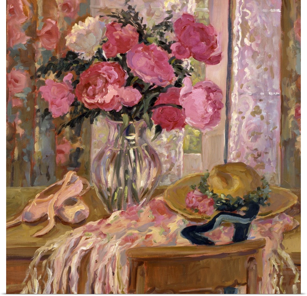Fine art oil painting still life of flowers, ballet slippers and a hat on a table in beautiful shades of pink and green by...