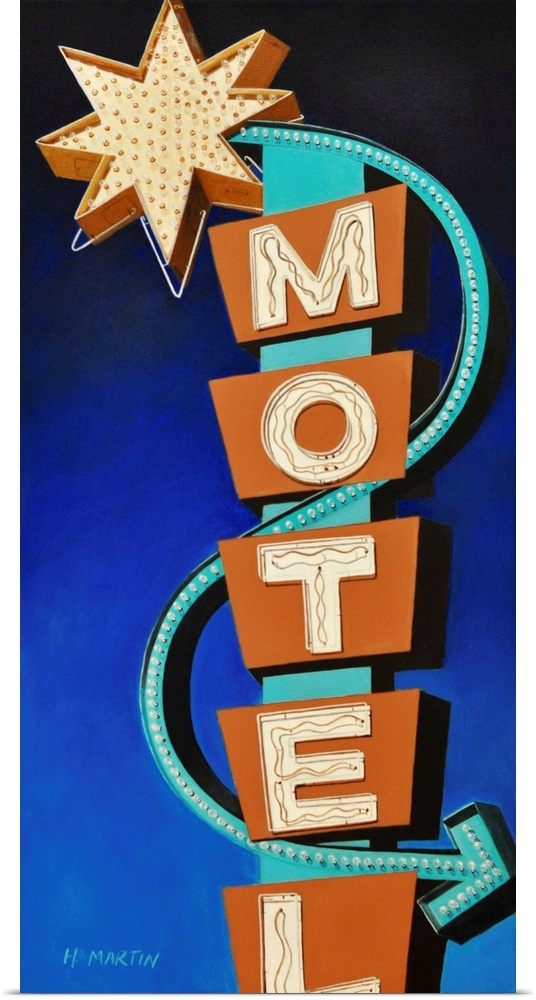 Fine art oil painting of a brightly colored vintage neon motel sign shining brightly on a blue background by Heidi Martin.
