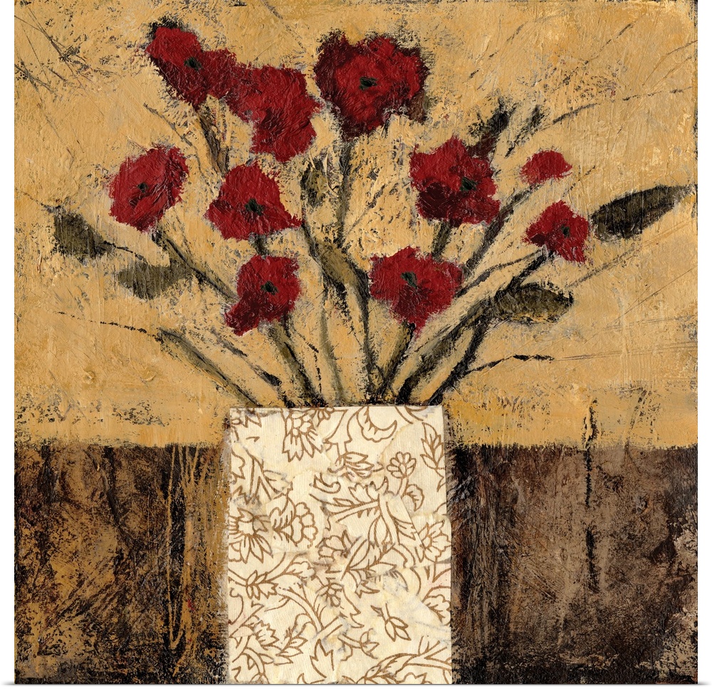 Contemporary artwork of a bouquet of red flowers in a patterned vase.
