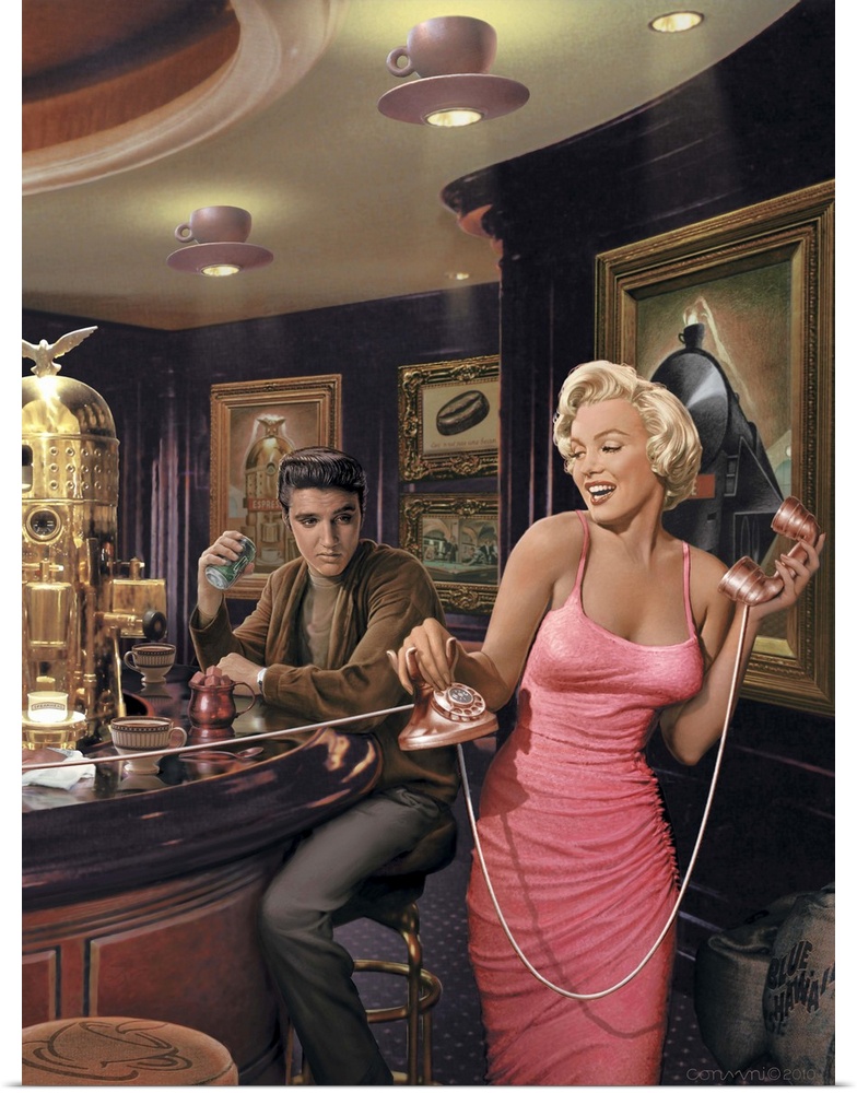 Digital fine art image of Marilyn Monroe and Elvis Presley at a vintage themed bar.