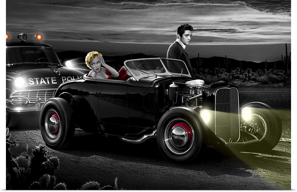 Digital art painting of Marilyn and Elvis in a roadster being pulled over by the State Police by Helen Flint.
