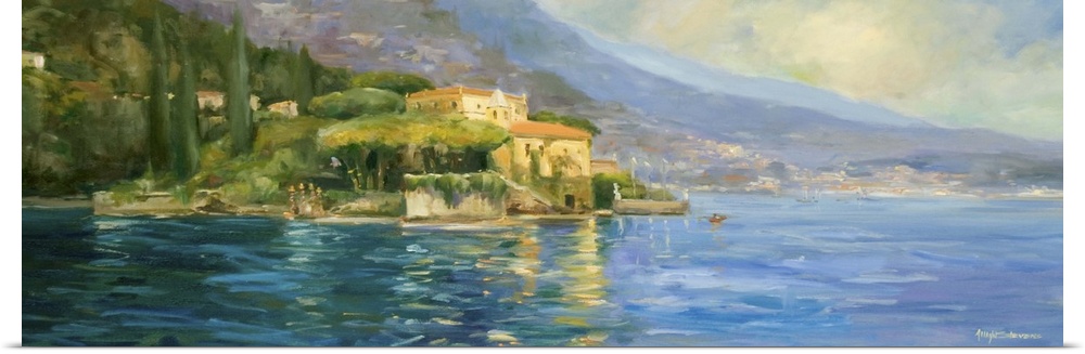 Fine art oil painting landscape of an Italian villa overlooking Lake Como with mountains rising in the background by Allay...