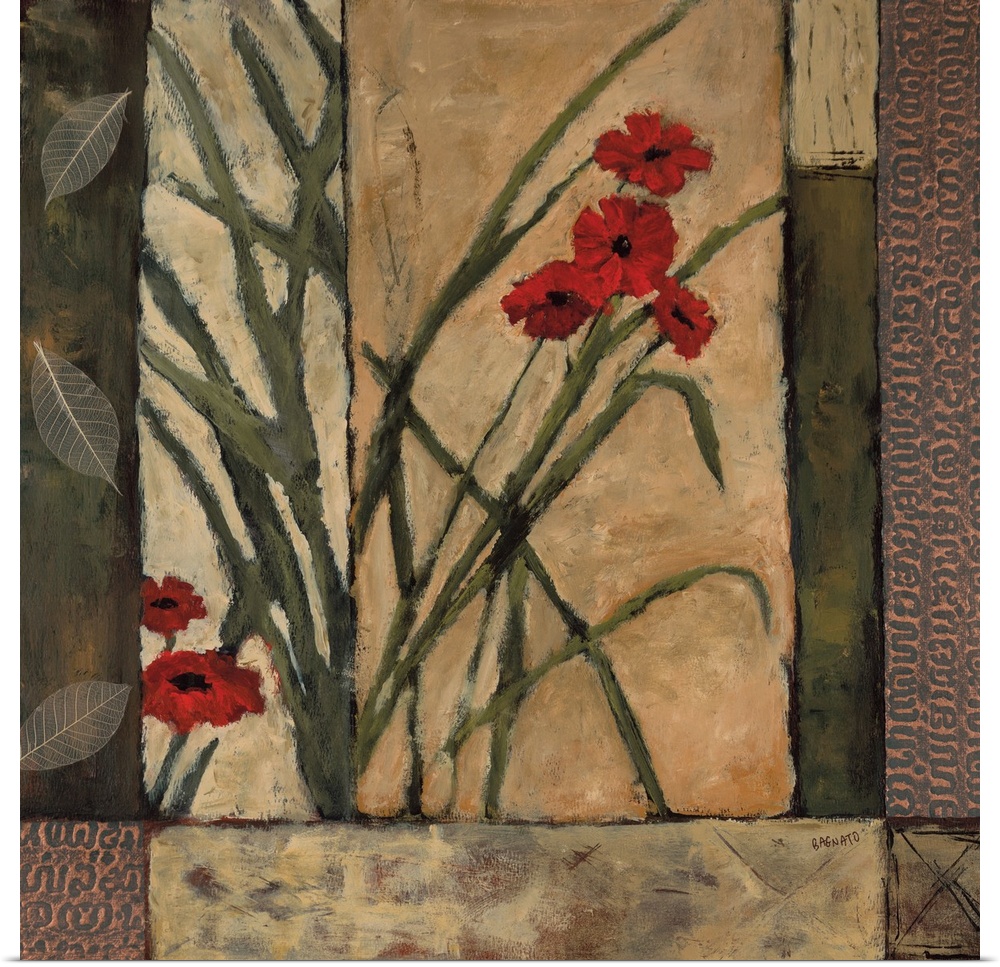 Contemporary painting of red poppy blooms with leaves and a geometric style background.