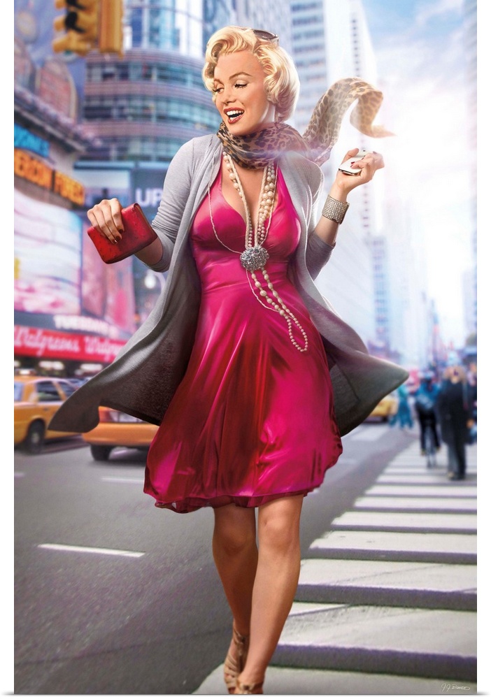 Digital art painting of Marilyn Monroe, in full color, strolling down the avenue in New York City by JJ Brando.