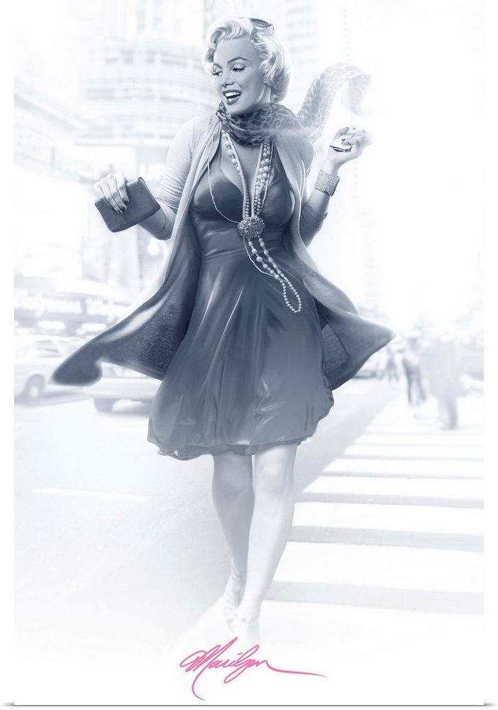 Marilyn Monroe walking down a city street in black and white.