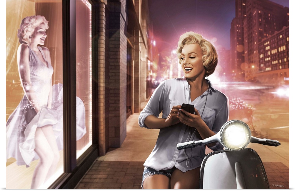 Digital art painting of Marilyn Monroe, in pastel colors, window shopping in the city by JJ Brando.