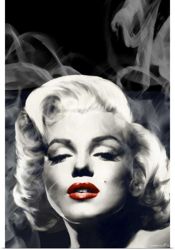 Portrait of actress Marilyn Monroe with red lips and wisps of smoke.