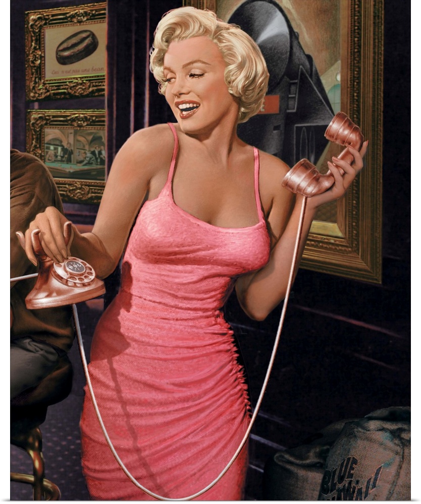 Portrait of Marilyn Monroe in a pink dress holding a classic telephone in a bar setting.