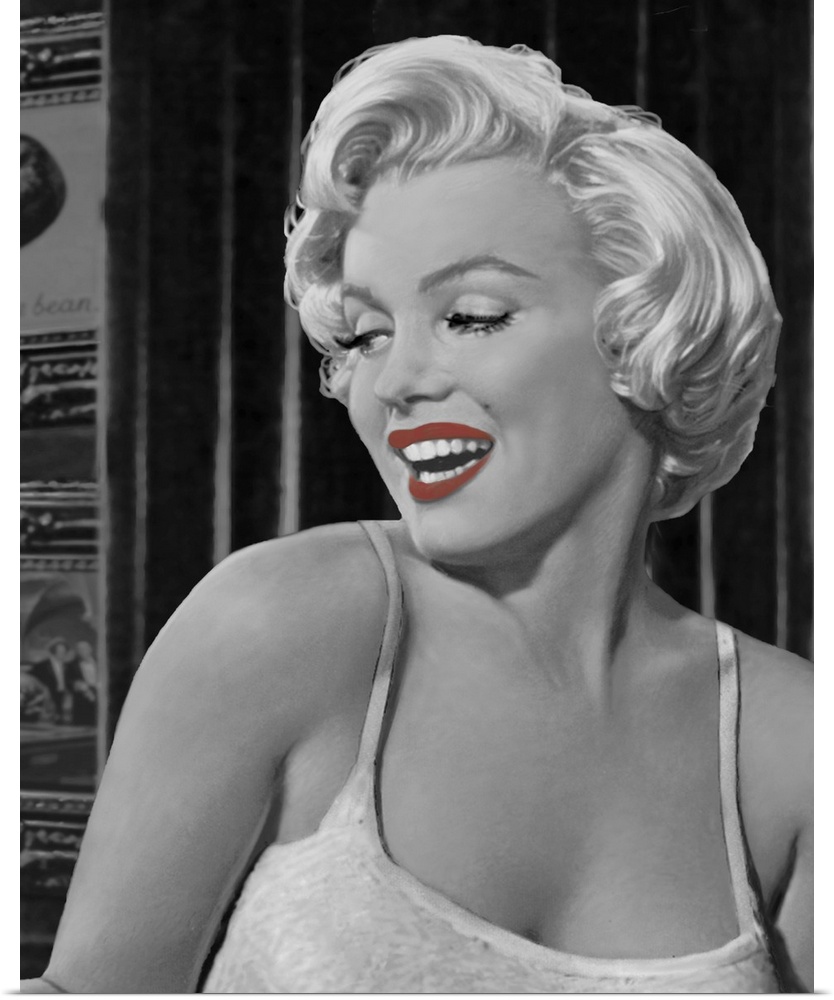 Digital fine art image of Marilyn Monroe in gray tones while her lips are a red shade.