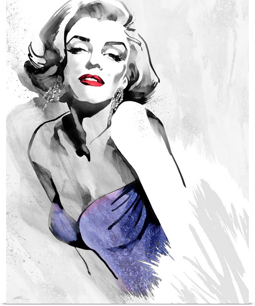 Marilyn Monroe's fashion pose in black and white with red lips and a purple retro 1980's strapless dress.
