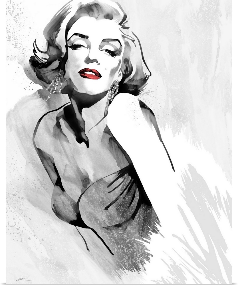 Marilyn Monroe's fashion pose in black and white with red lips and a retro 1980's strapless dress.