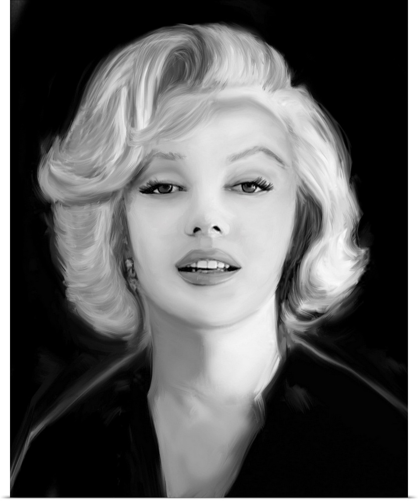 Digital art painting in black and white of Marilyn Monroe in Marilyn's Whisper by Jerry Michaels.