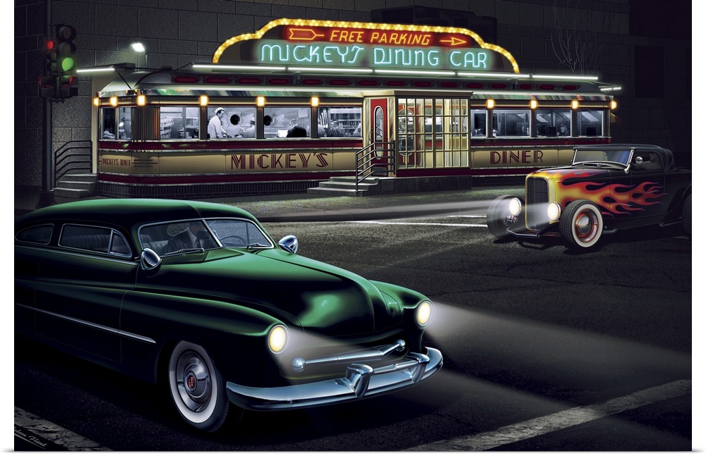Digital art painting of Mickey's Diner with racing hot rods by Helen Flint.
