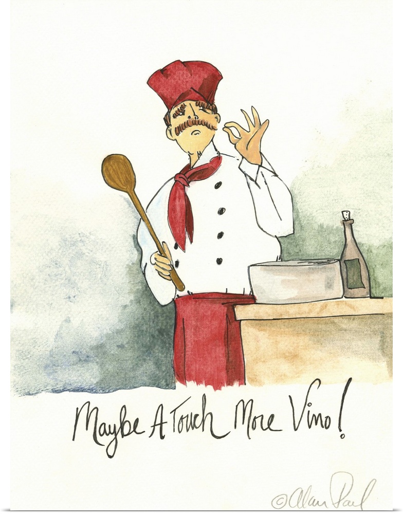Watercolor painting with pen and ink details of a chef seasoning a dish titled More Vino by Alan Paul.