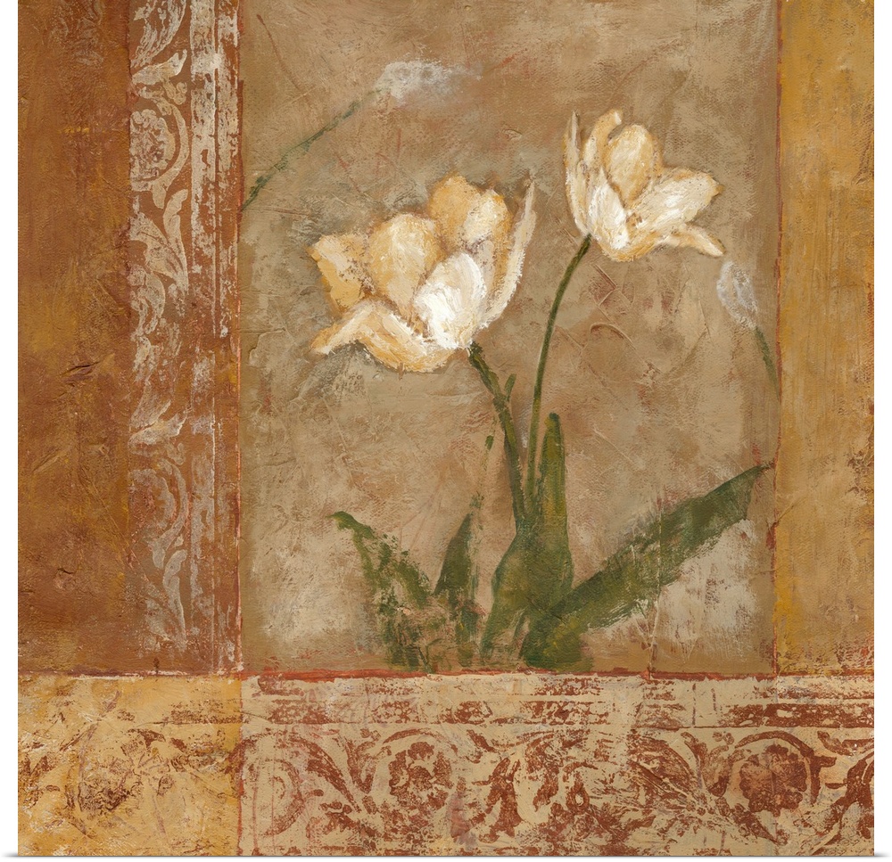 Contemporary artwork of white flowers in bloom on a textured background.