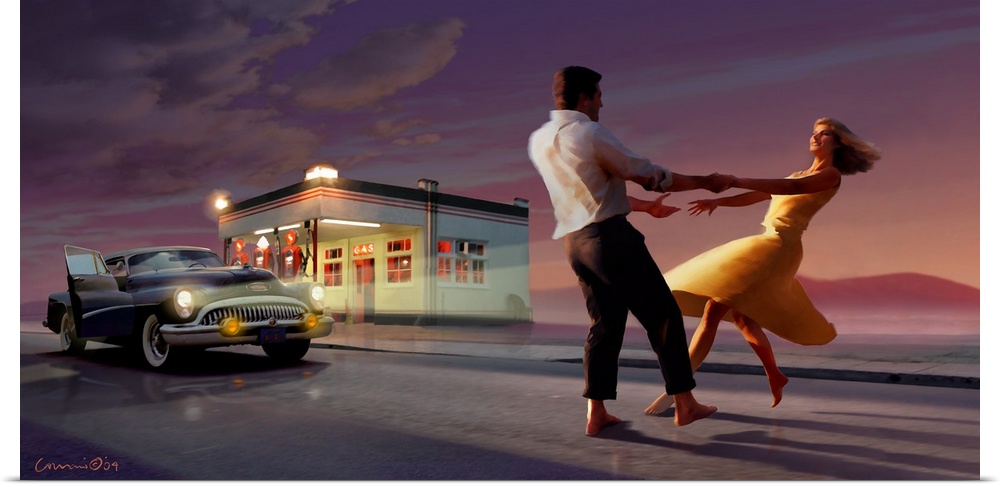 Contemporary artwork of a couple dancing at a vintage gas station after the sun has set.