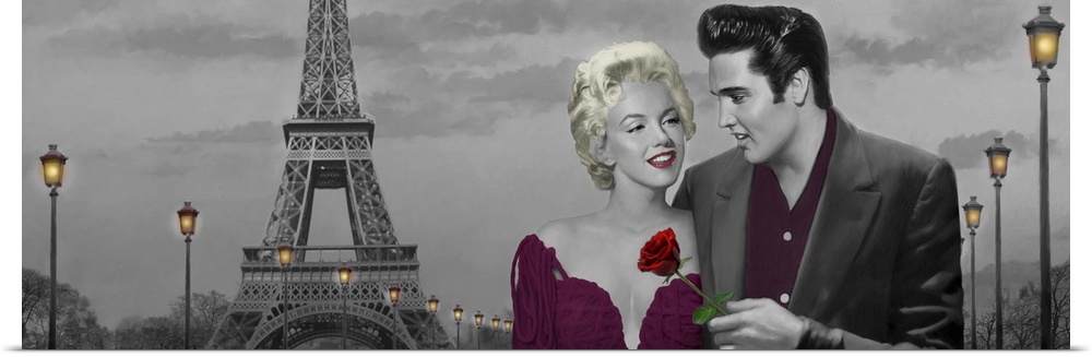 Painting of Marilyn Monroe and Elvis Presley on a date together near the Eiffel Tower in Paris, France.