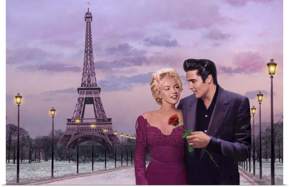 Painting of Marilyn Monroe and Elvis Presley together in Paris near the Eiffel Tower.