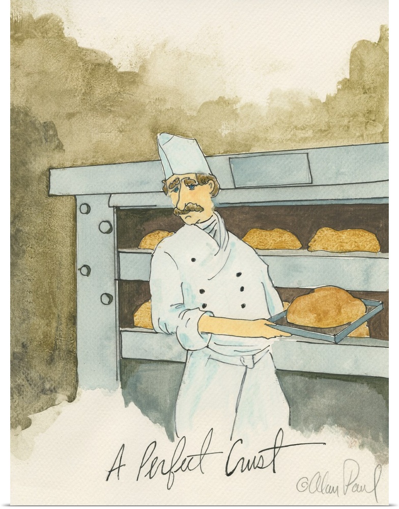 Watercolor painting with pen and ink details of a chef baking bread titled The Perfect Crust by Alan Paul.