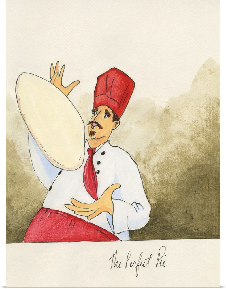 Watercolor painting with pen and ink details of a chef tossing pizza dough titled Perfect Pie by Alan Paul.