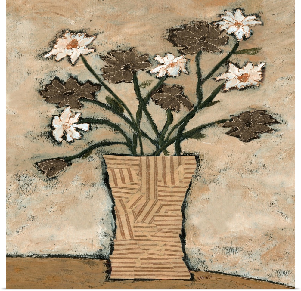 Contemporary artwork of a bouquet of white and brown cosmos flowers.