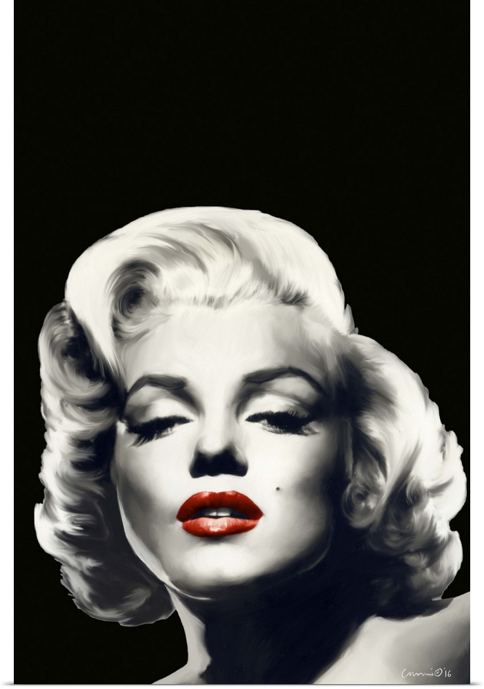 Black and white digital art painting of Marilyn Monroe with red lips.