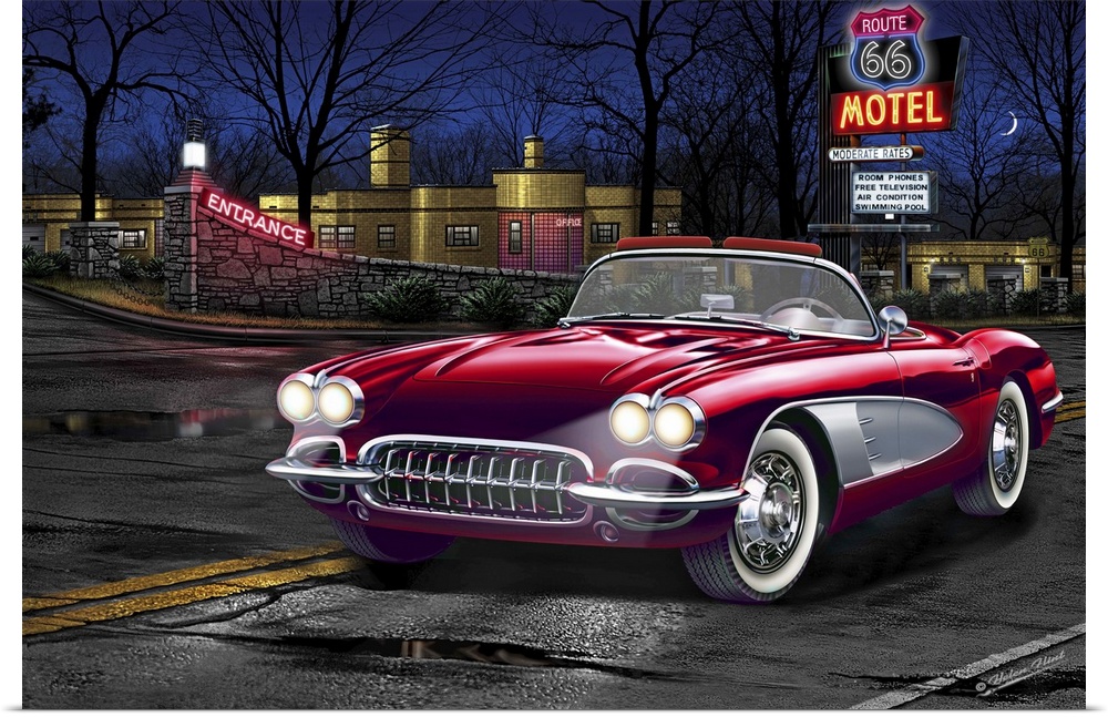 Digital art painting of a classic red sportscar parked outside the Route 66 Motel by Helen Flint.