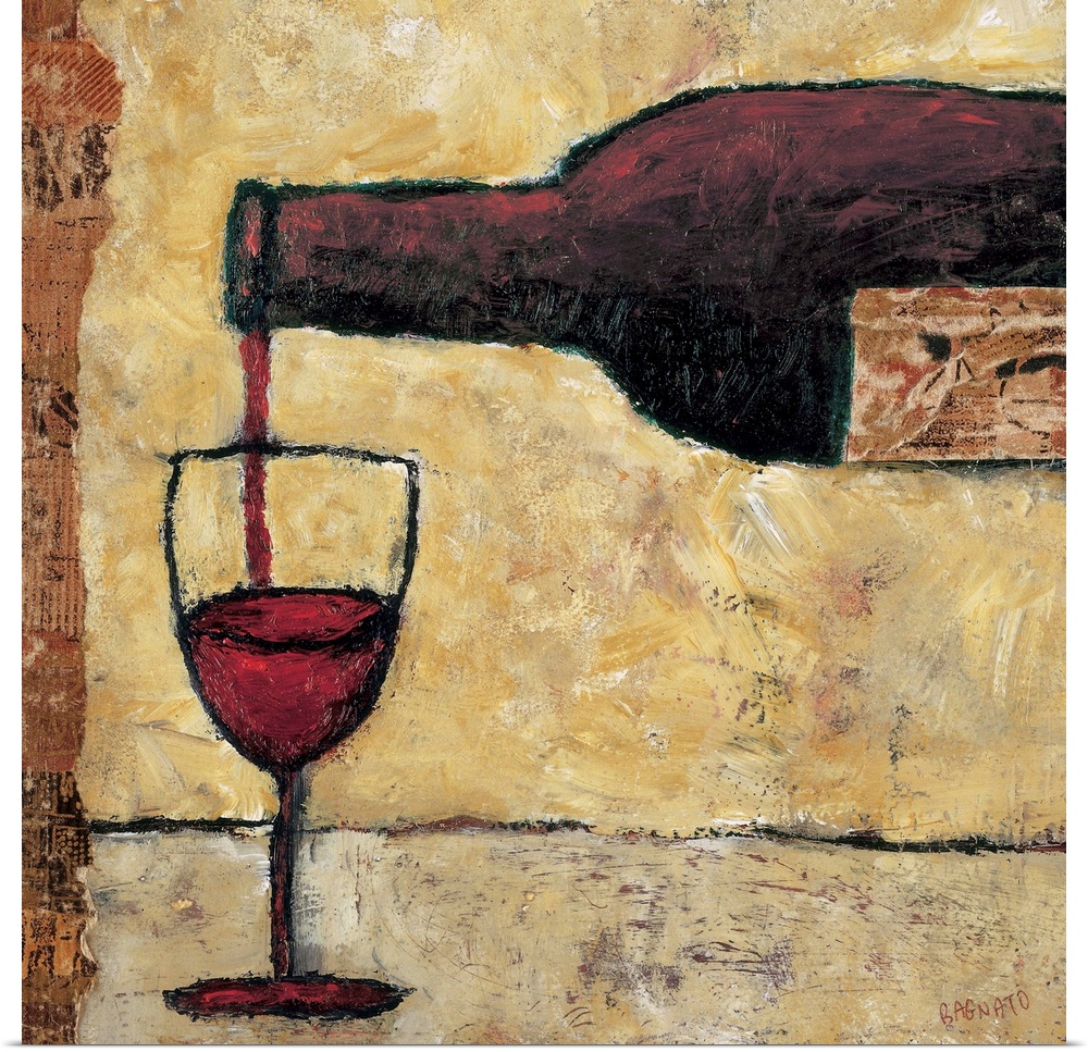 Contemporary painting of a glass of red wine being poured.