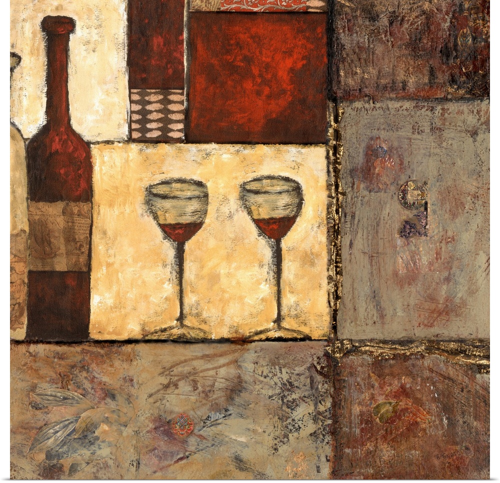 Contemporary textured painting of a bottle of red wine with two glasses over various polygons.
