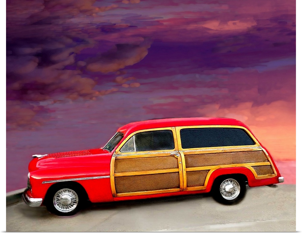 Digital art painting of a red Woody style car with a beautiful background sky by Sally Linden.