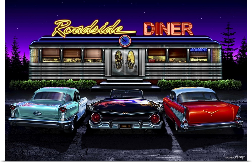 Digital art painting of the Roadside Diner with hot rod cars parked outside by Helen Flint.