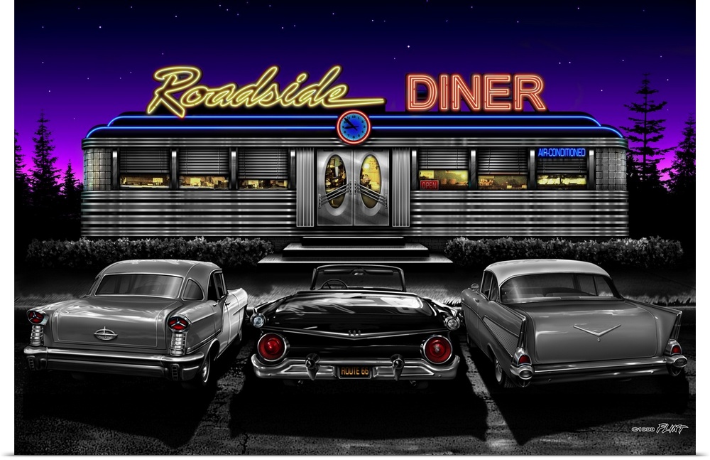 Digital art painting of the Roadside Diner with hot rod cars parked outside by Helen Flint.