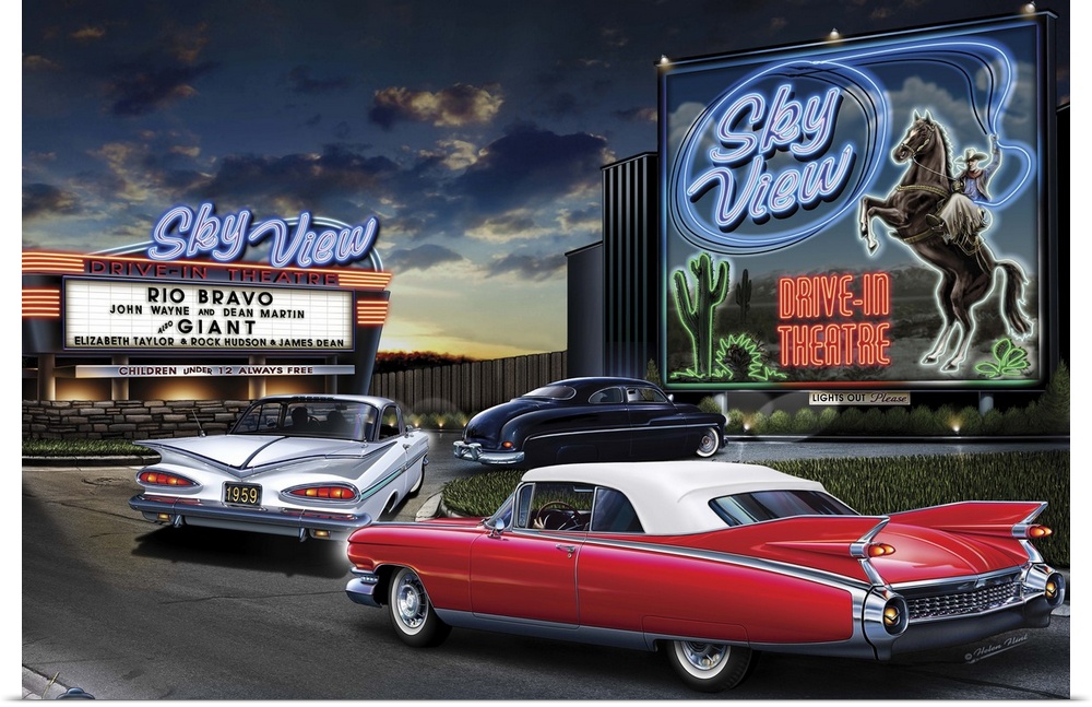 Digital art painting of the Sky View drive-in theater, playing Rio Bravo and Giant, with classic cars filing into the show...